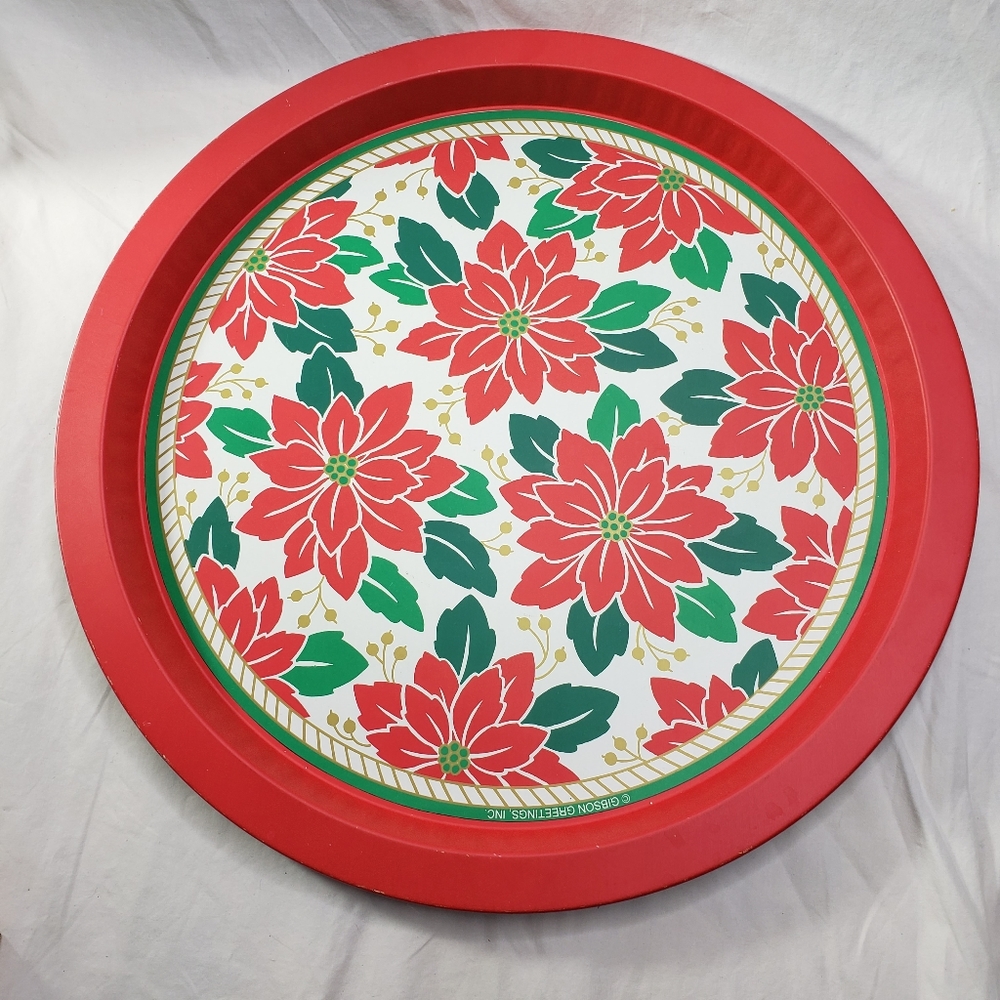 Vintage Christmas Tray 12" Round Poinsettia